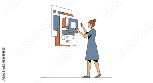 A focused woman is actively arranging and building abstract web interface elements in a digital space.