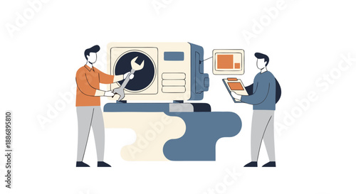 Two men are diligently collaborating on the maintenance and repair of complex machinery or a large server system.