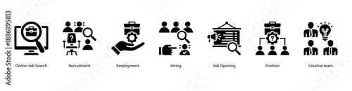 Hiring and Recruitment web banner icon vector illustration featuring Online Job Search, Recruitment, Employment, Hiring, Job Opening, Position, and Creative Team.