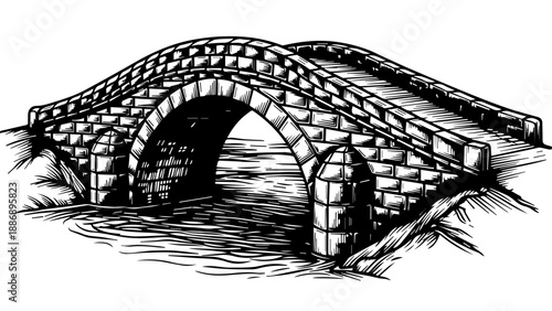 Black and white illustration of a single-arch stone bridge over calm water