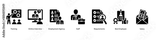 Workplace Training and Rewards web banner icon vector illustration featuring Training, Online Interview, Employment Agency, Staff, Requirements, Best Employee, and Salary.