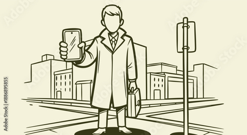 A mysterious man in a trench coat and suit stands in a simplified city street, holding up a smartphone.