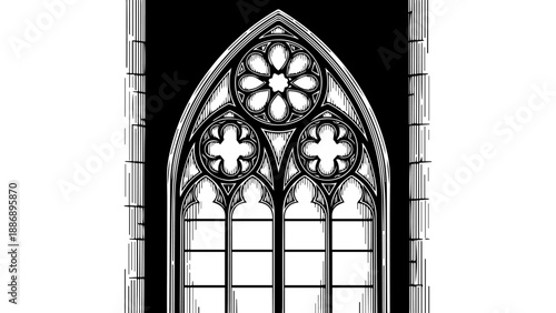 Gothic stained glass window tracery engraving style illustration