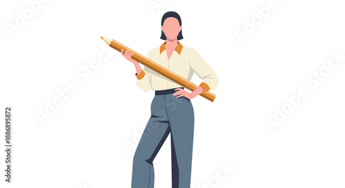 A confident woman stands proudly, holding an oversized pencil as a symbol of creativity and design.