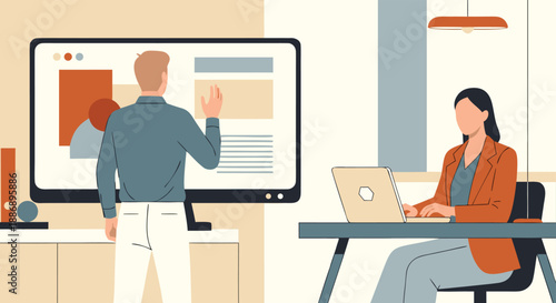 Two professionals are engaged in an office setting, with one presenting on a large screen and the other working productively on a laptop.