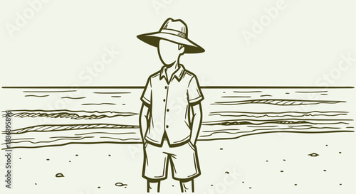 A small child wearing a wide-brimmed hat stands contemplatively on a sandy beach looking at the ocean waves.