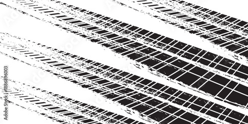 Tire tread marks, wheel textures, tire marks - car racing, motocross, drift, rally, off-road and others. Vector black isolated texture in grunge style with splashes.eps10