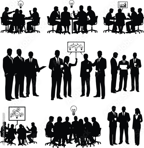 Silhouetted business professionals collaborating in meetings and presentations across various settings and viewpoints