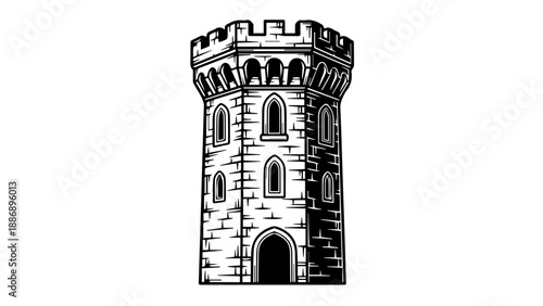 Medieval stone tower with intricate architectural details in black and white line art
