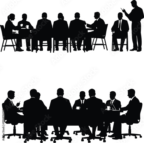 Business professionals in meeting room with presenter standing and addressing seated colleagues from various viewpoints