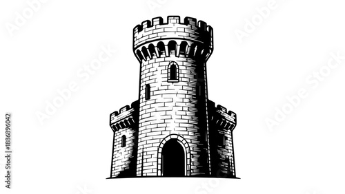Medieval castle tower illustration with crenellated parapet and arched windows