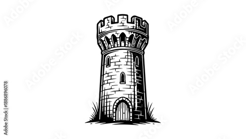 Black and white illustration of a solitary medieval stone tower with crenellated parapet and arched windows
