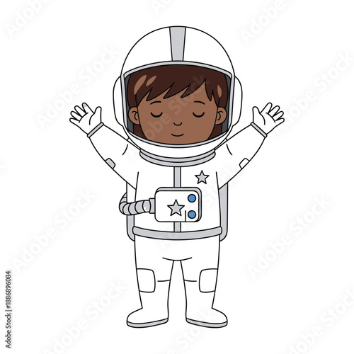 Happy astronaut in white space suit with hands raised