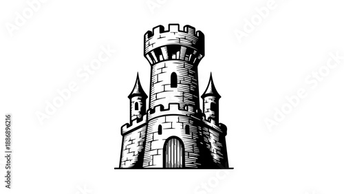 Black and white illustration of a medieval castle with a central tower and two smaller turrets