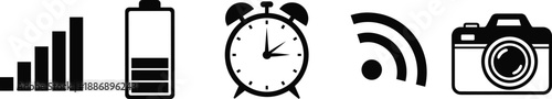 Mobile Device Status Bar Icon Set with Wi-Fi Signal Strength Battery Level Alarm Clock and Digital Camera for Smartphone Interface Vector Illustration