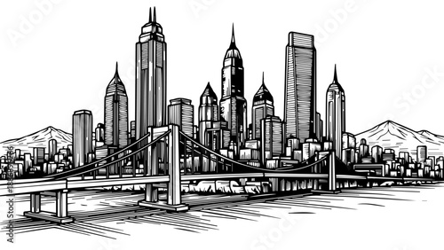Black and white illustration of a cityscape with a suspension bridge in the foreground