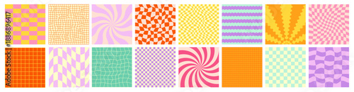 Checker Grid Pattern Kit. Groovy Y2k Checkerboard Background. 90s Retro Modern Chess Board Set. 1970 Trippy Grid Background. Cute Y2k Texture Pack Bg. Wavy Square Fun Checkerboard Pattern Bundle.