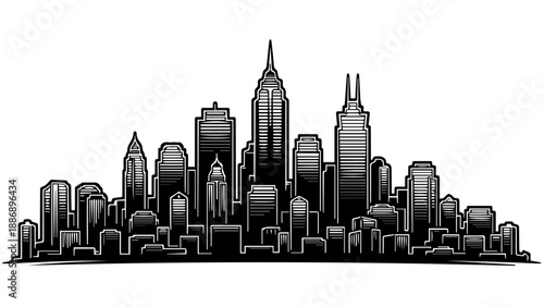 Black and white illustration of a densely packed urban skyline with towering skyscrapers and shorter buildings