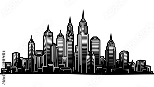 Black and white illustration of a dynamic urban skyline with high-rise buildings and varied architectural styles