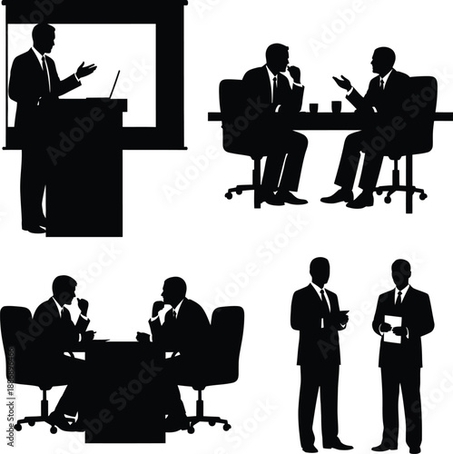 Business professionals engaged in discussions and presentations in a corporate setting, silhouetted against a neutral background from various viewpoints