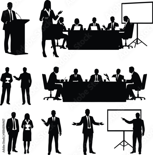 Business professionals engaging in presentations and discussions around conference tables from various viewpoints