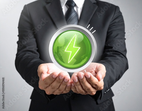 A successful businessman in a suit uses his finger to push a digital green button and hold a global connection arrow icon on a futuristic tech screen