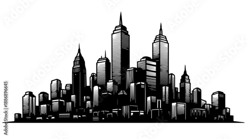 Black and white illustration of a modern cityscape with skyscrapers and high-rise buildings