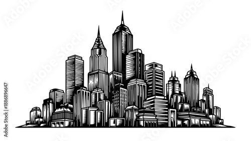 Black and white illustration of a cityscape with dense skyscrapers and architectural diversity