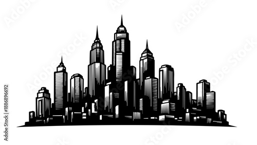 Monochromatic illustration of densely layered urban skyline with high-rise buildings