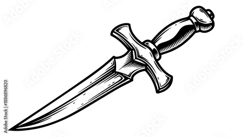 High-contrast monochromatic illustration of a detailed dagger with a floral-inspired crossguard and textured grip