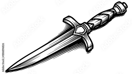 Black and white illustration of a dagger with intricate handle and geometric crossguard