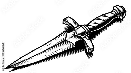 High-contrast monochromatic illustration of a finely crafted dagger with a double-edged blade and floral-inspired crossguard