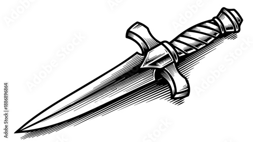 High-contrast monochromatic illustration of a finely crafted dagger with a leather-wrapped handle and rounded pommel