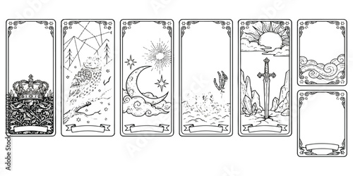 Collection of beautifully illustrated tarot card designs with celestial and symbolic imagery isolated on white background
