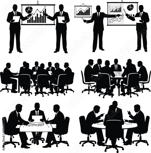 Business professionals collaborating in meetings and presentations in a corporate environment from various viewpoints