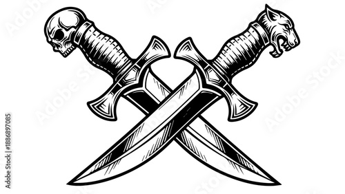 Two crossed swords with skull and lion-headed hilts in black and white