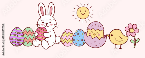 Cute Easter bunny illustration with colorful decorated eggs, baby chick, hatching egg, smiling sun and spring flower