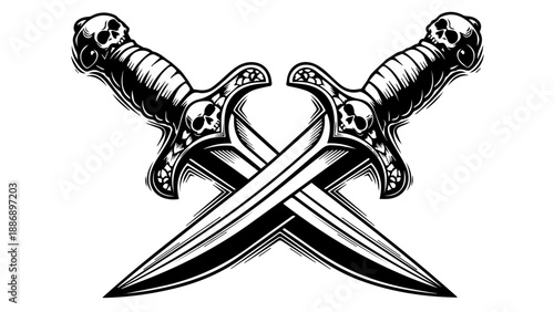 Two crossed swords with skull-adorned hilts in a high-contrast black-and-white illustration