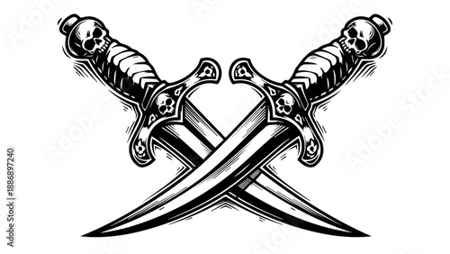 Two intricately designed swords crossed diagonally with skull motifs on hilts and pommels