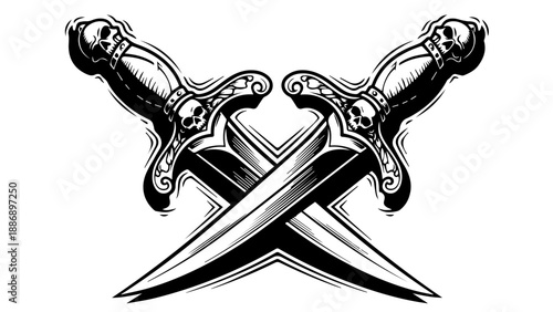 Two intricately designed swords crossed diagonally with ornate hilts and skull motifs