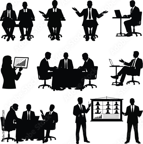 Business professionals engaged in various meetings and presentations in a corporate environment from multiple viewpoints