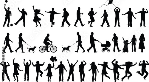 WebSilhouettes of people walking, dancing, playing, jumping, flying kite, riding bike, pushing stroller, holding balloons, celebrating, interacting, enjoying outdoor activities