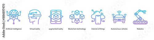 Emerging Technologies web banner icon vector illustration featuring Artificial Intelligence, Virtual Reality, Augmented Reality, Blockchain Technology, Autonomous Vehicles, and Robotics.