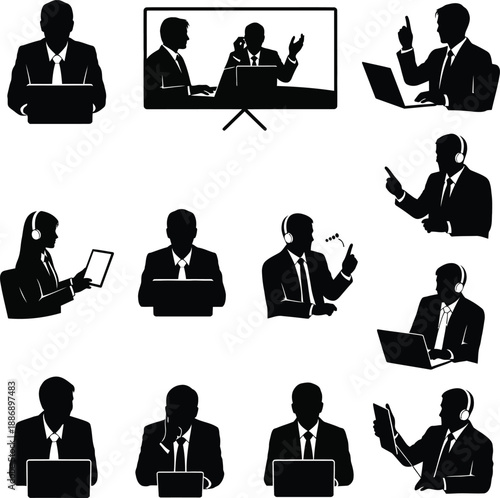 Business professionals using laptops and headsets in a modern office environment viewed from various angles