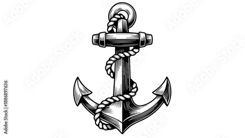 Classic anchor illustration with coiled rope on transparent background