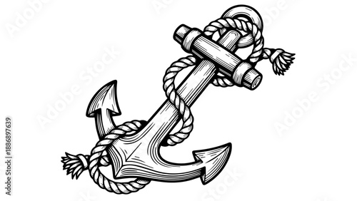 Classic black and white anchor illustration with coiled rope and knots