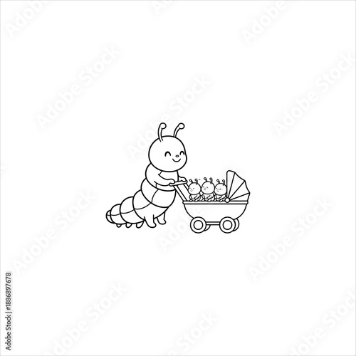 Cute Caterpillar Pushing Baby Stroller Cartoon Vector Illustration