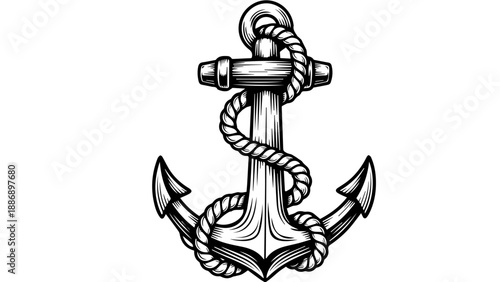 Classic black and white anchor illustration with coiled rope