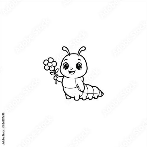 Cute Caterpillar Holding Flower Cartoon Vector Illustration