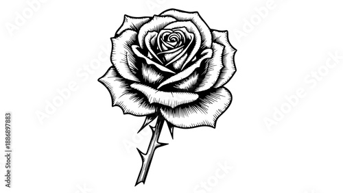 Black and white line drawing of a single rose in full bloom with delicate petals and a curved stem